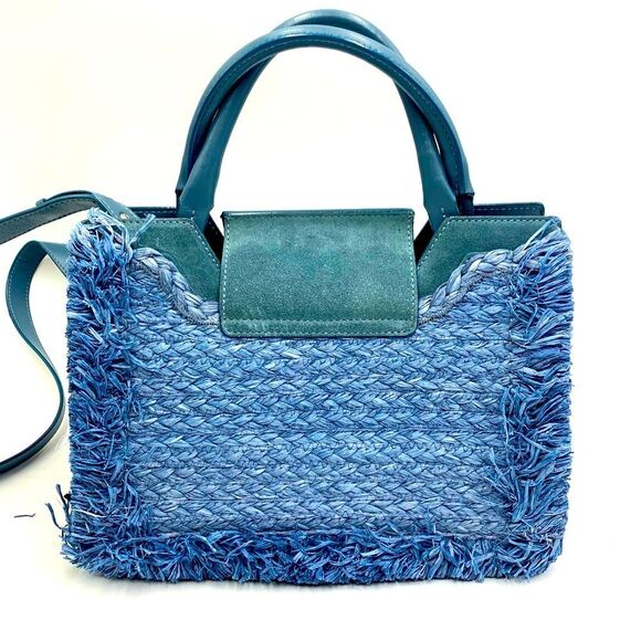Auth Jimmy Choo Rebel Tote Raffia Suede Blue Dusk Front Clasp Handbag Preloved - Picture 6 of 14